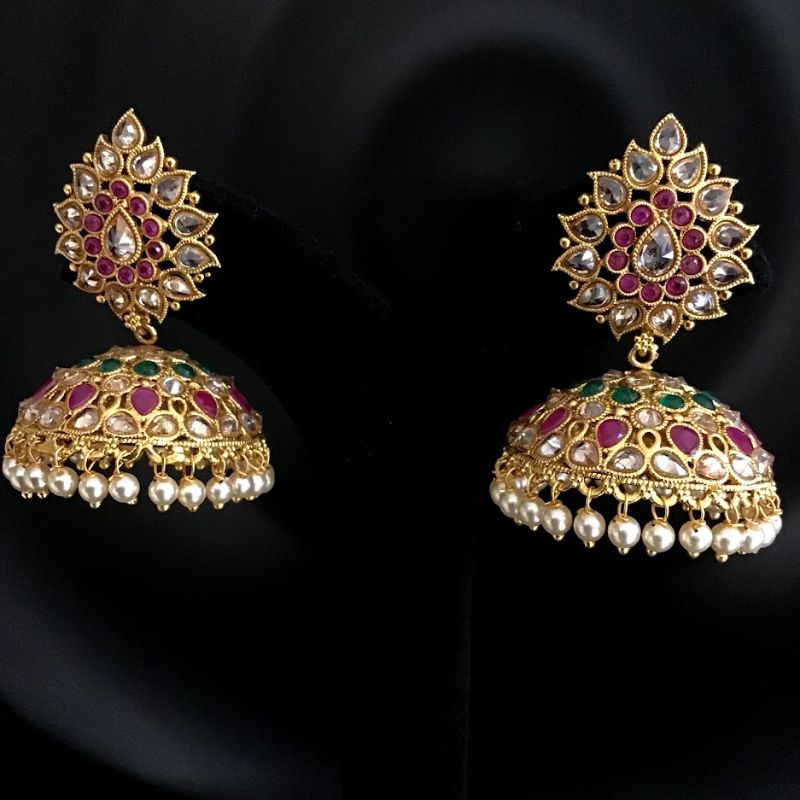 Ruby Green Gold Polish Jhumki - Dazzles Jewellery