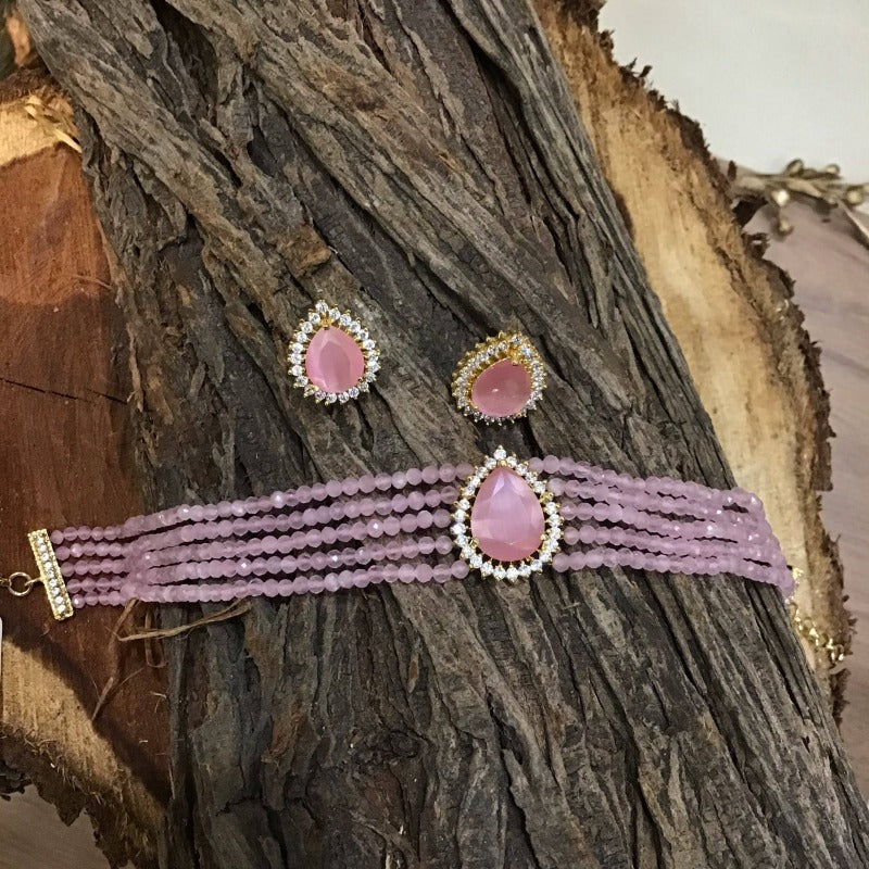Pink Zircon/AD Choker Set - Dazzles Jewellery