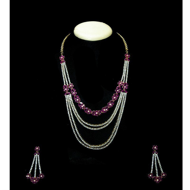 Ruby Zircon/AD Long Necklace Set - Dazzles Jewellery