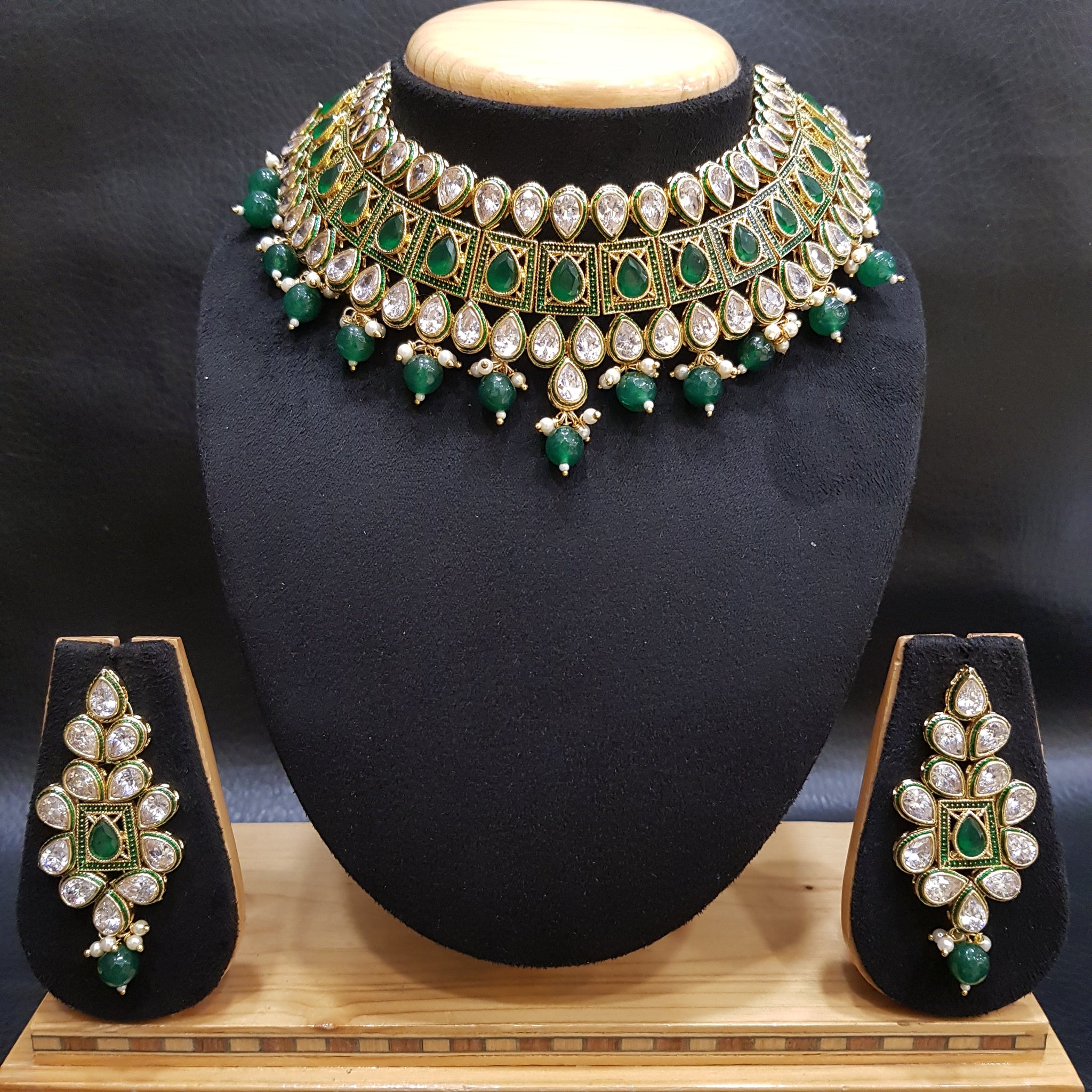 Polki Choker Set with Green Emerald Stones - Dazzles Jewellery