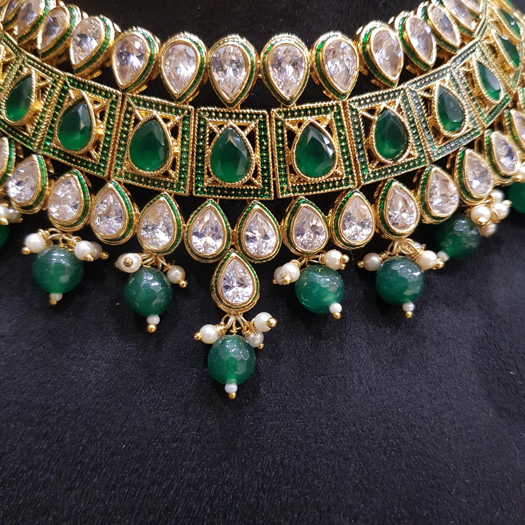 Polki Choker Set with Green Emerald Stones - Dazzles Jewellery
