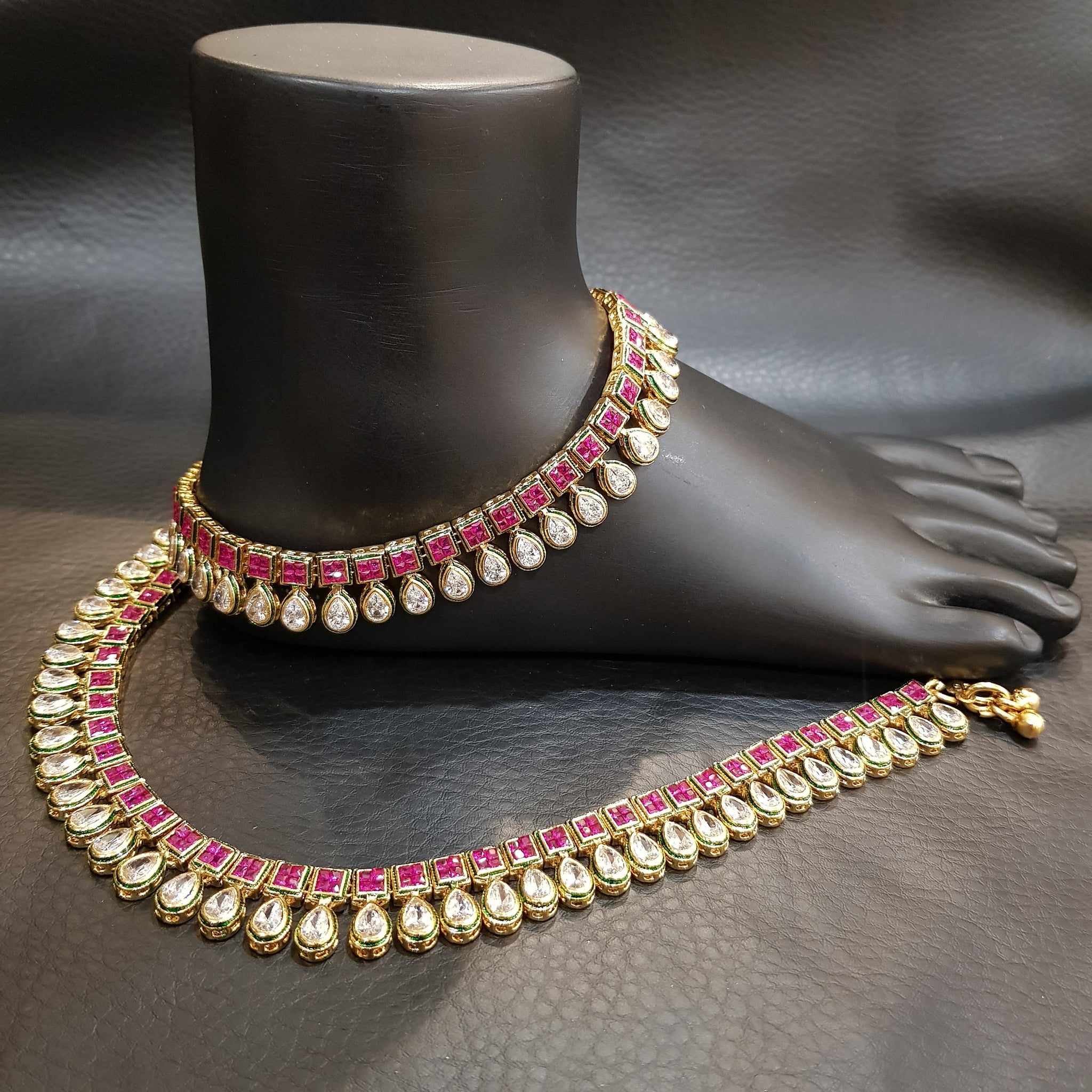 Ruby Color Polki Payal - Dazzles Jewellery