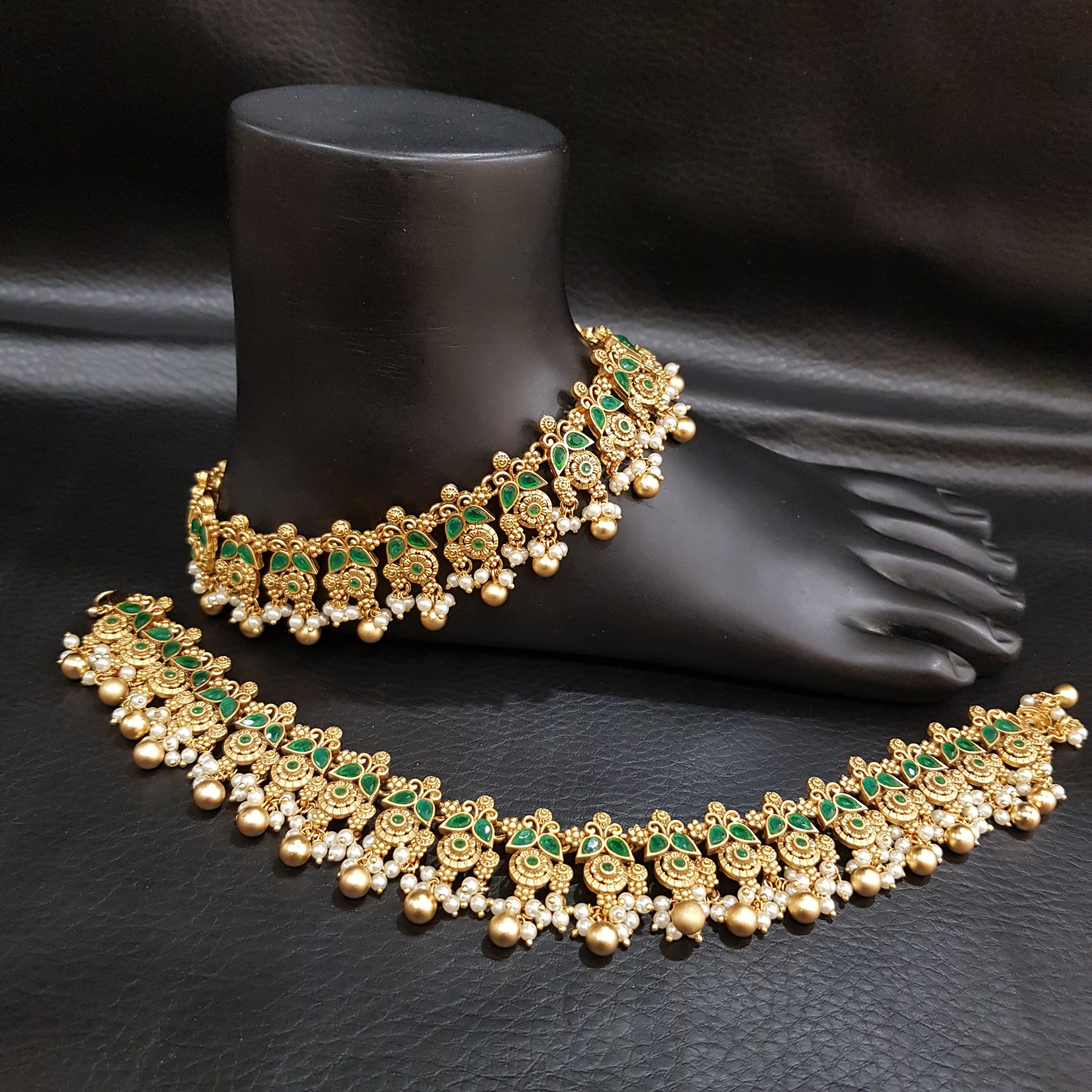 Antique Gold Finish Green Payal - Dazzles Jewellery