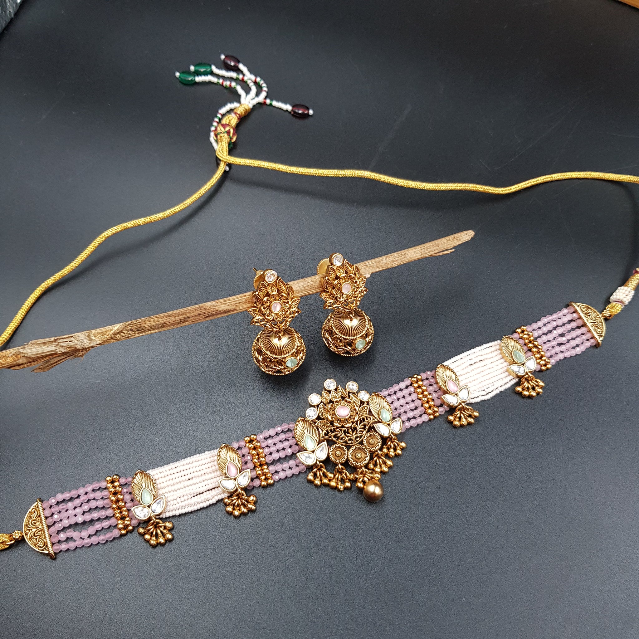 Choker Gold Look Necklace Set 3664-28 - Dazzles Jewellery