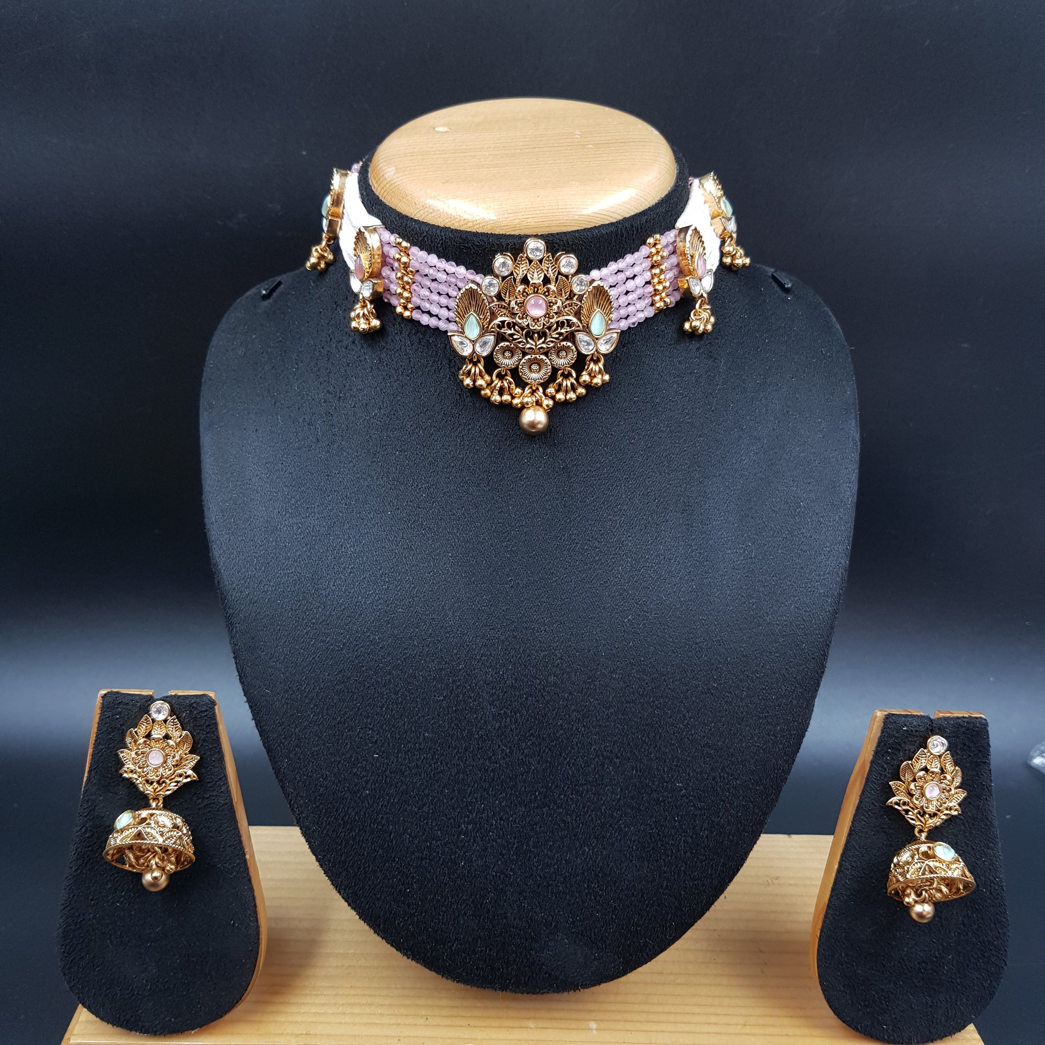 Choker Gold Look Necklace Set 3664-28 - Dazzles Jewellery