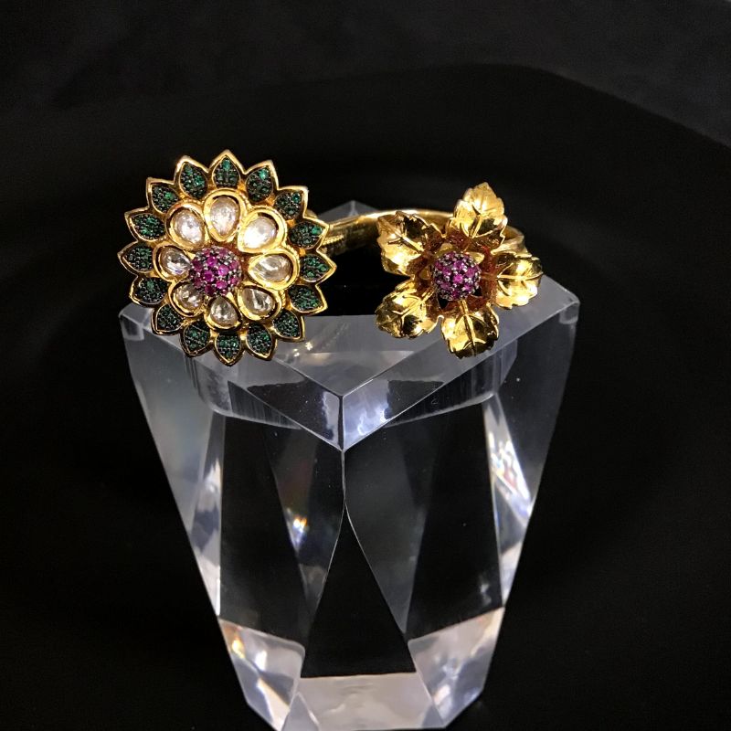 Kundan Adjustable Ruby Green Ring 2045-6110 - Dazzles Jewellery