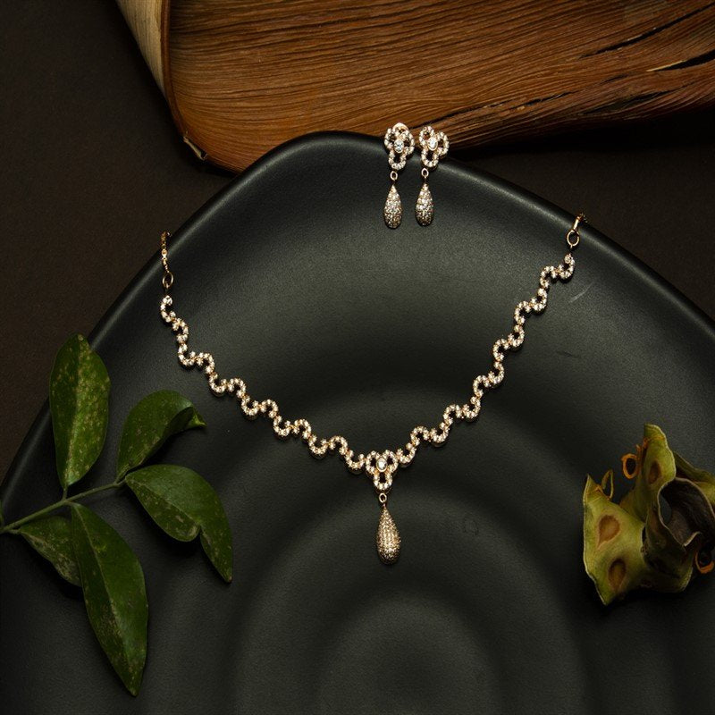 Rose Gold Zircon/AD Necklace Set - Dazzles Jewellery