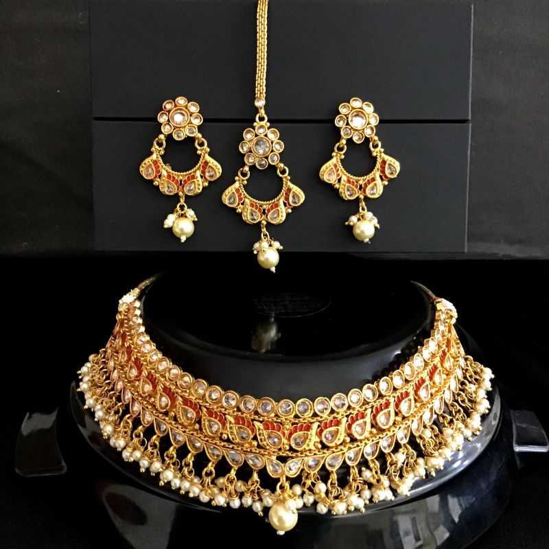 Red Gold Look Choker Set 4317-8382 - Dazzles Jewellery