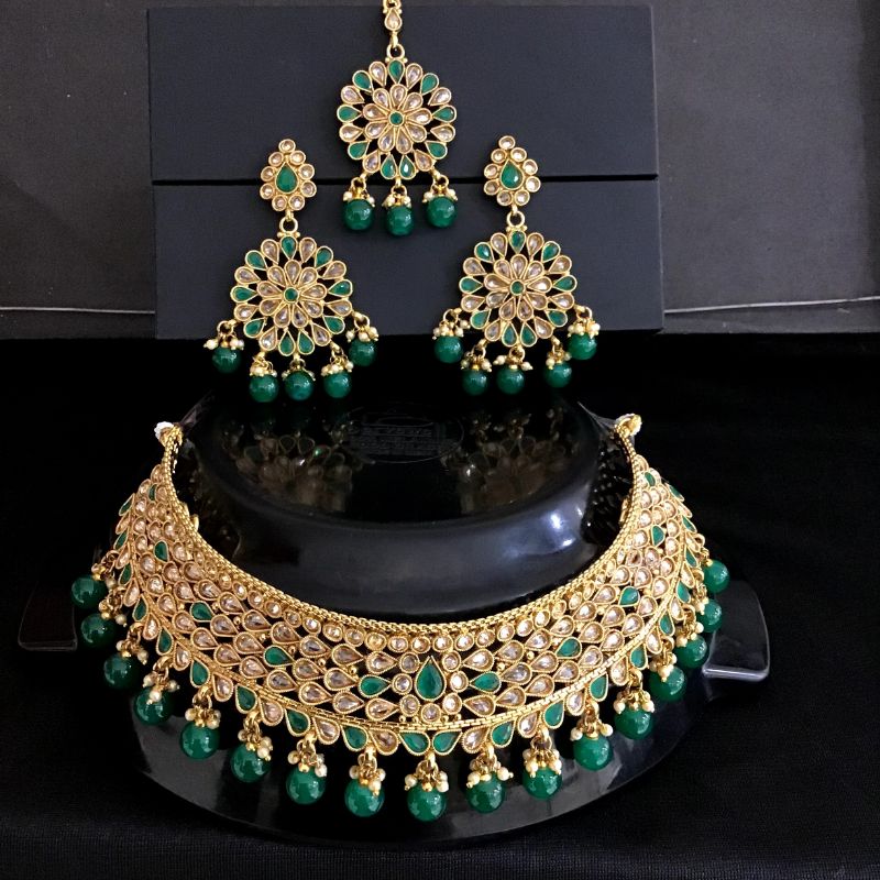 Polki Choker Set With Green Stones And Green Beads - Dazzles Jewellery