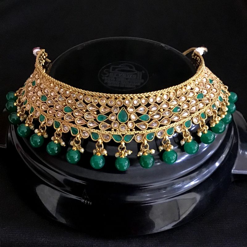 Polki Choker Set With Green Stones And Green Beads - Dazzles Jewellery