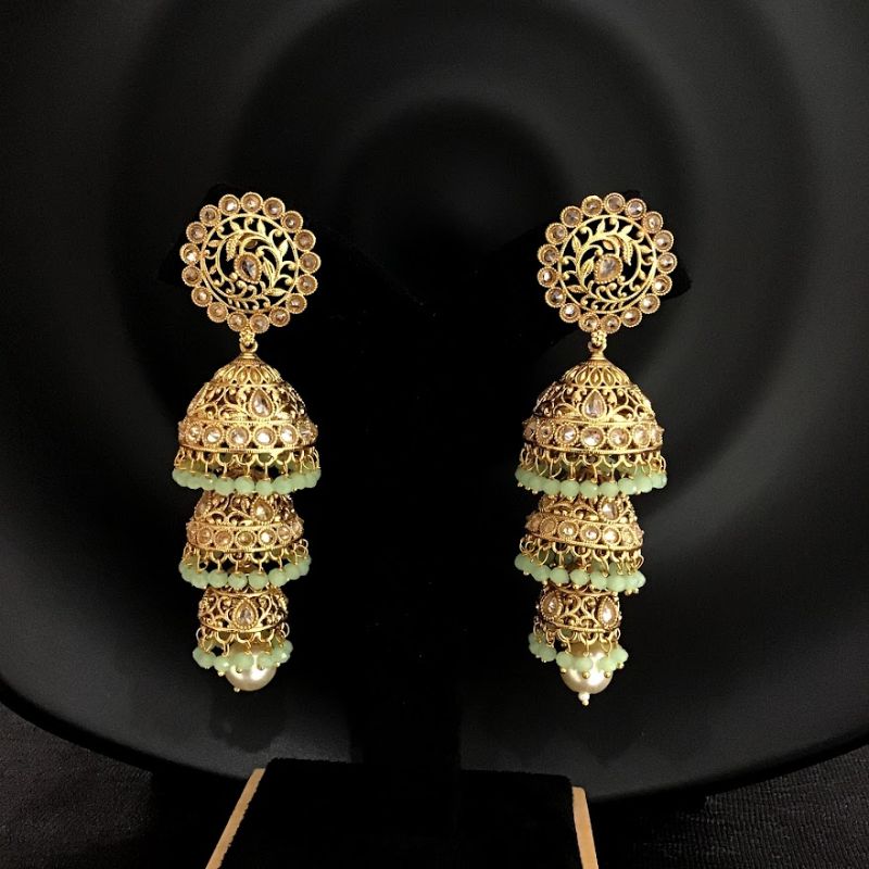 Mint Green 3 Layered Long Jhumki in Gold Polish 2777-6842 - Dazzles Jewellery