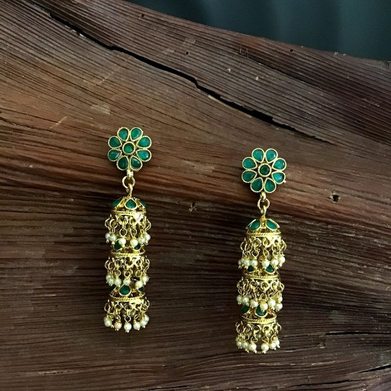 Beautiful 3 Layer Long Jhumki in Green Color - Dazzles Jewellery