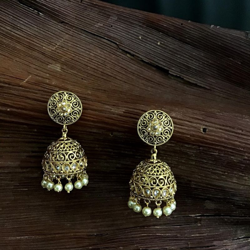 Elegant Gold Polish Jhumki with Pearl Latkan - Dazzles Jewellery