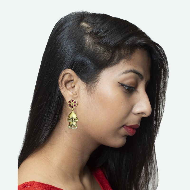 Face Look Of Elegant Double Layer Gold Look Jhumki With Ruby Stones And Pearl Latkan