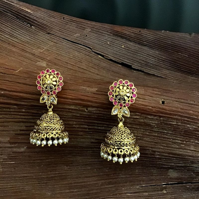 Elegant Gold Polish Jhumki with Ruby and Pearls - Dazzles Jewellery