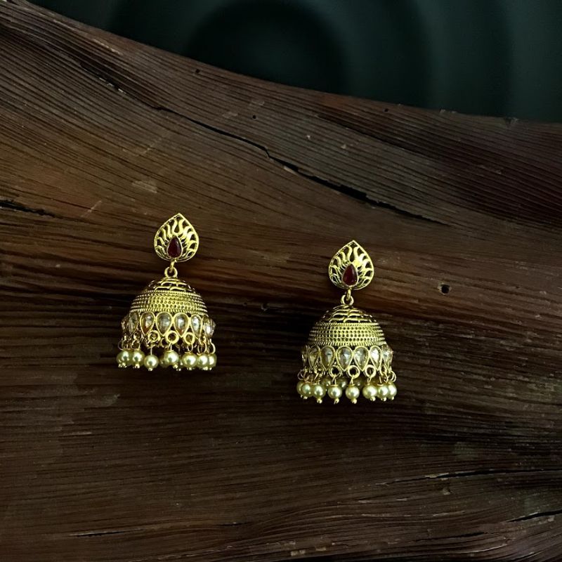 Small Ruby Color Jhumki in Gold Polish - Dazzles Jewellery