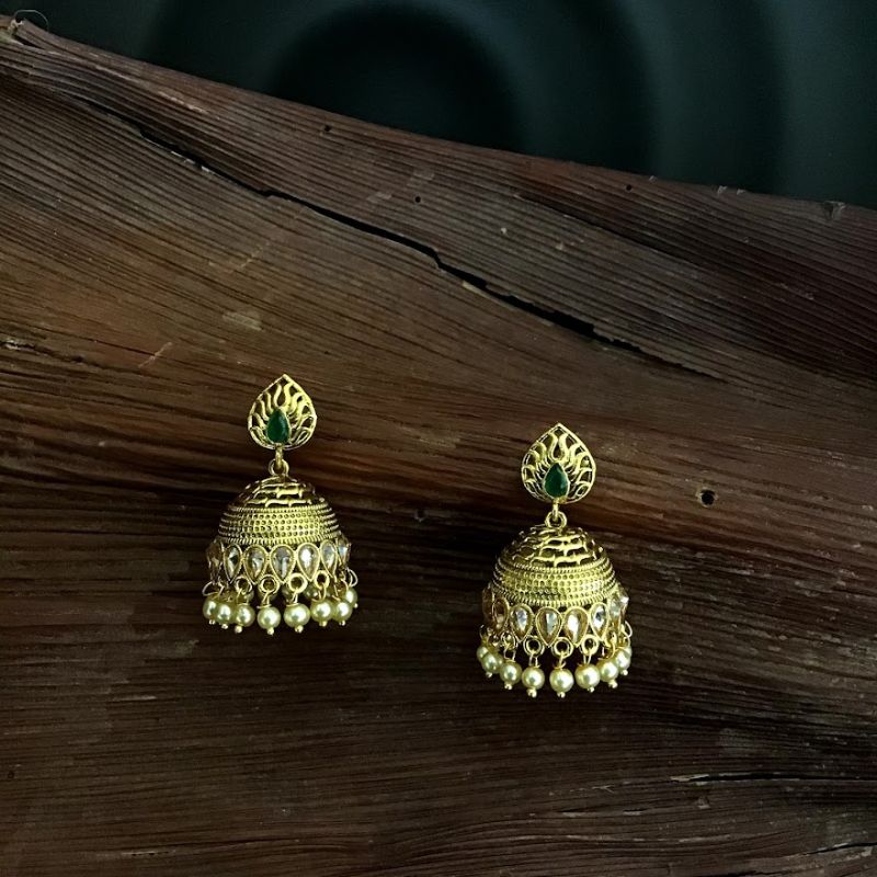 Small Green Color Jhumki in Gold Polish - Dazzles Jewellery