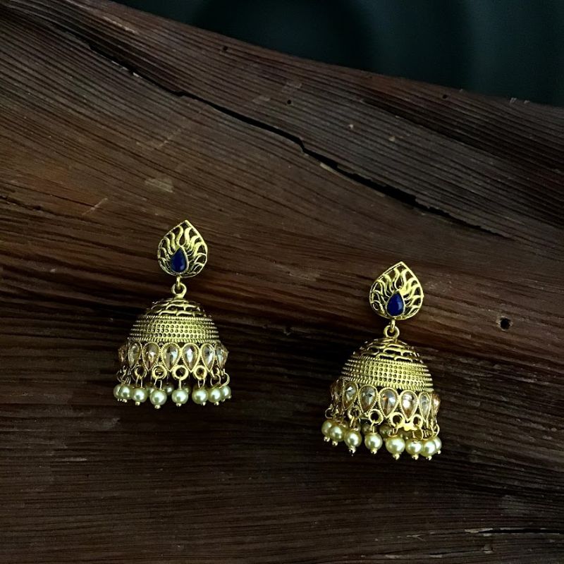 Small Blue Color Gold Polish Jhumki with Pearls - Dazzles Jewellery