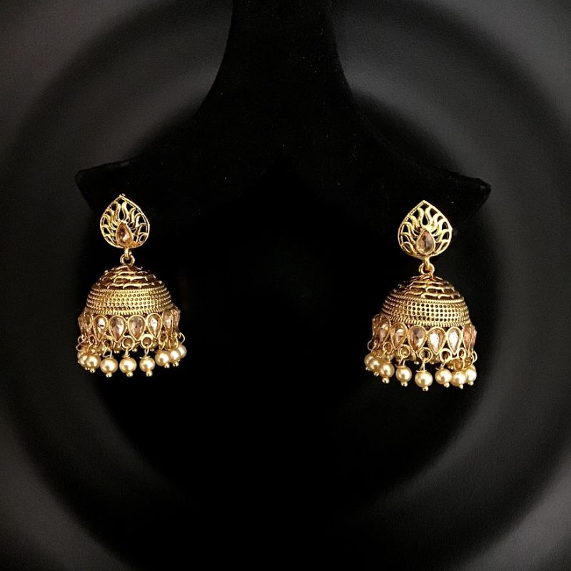 Elegant Small Jhumki in Champagne Color and Pearls - Dazzles Jewellery