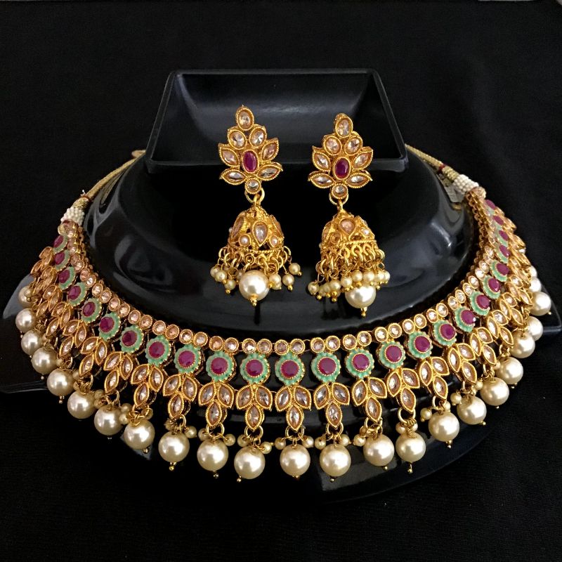 Mint Green Ruby Gold Look Necklace Set 3659-35927 - Dazzles Jewellery