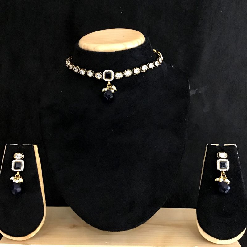 Blue Polki Necklace Set 3743-7808 - Dazzles Jewellery