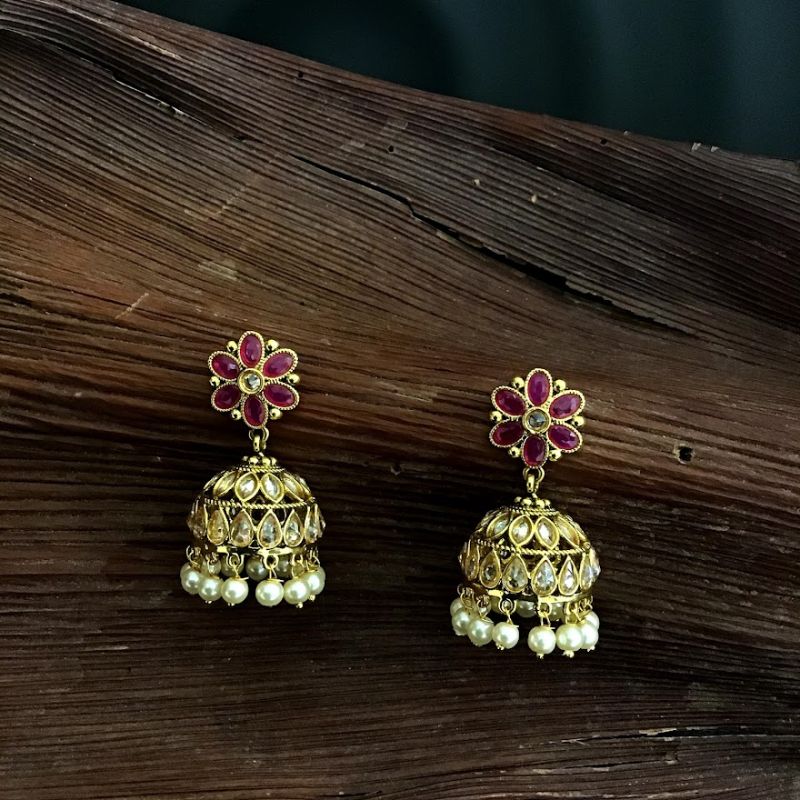 Ruby Color Light Jhumki with Pearl Drops - Dazzles Jewellery