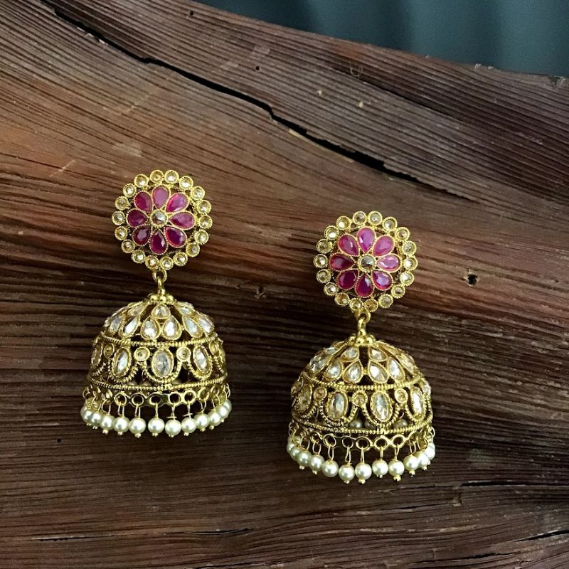 Traditional Gold Polish Jhumki with Ruby and Pearls - Dazzles Jewellery