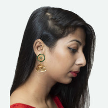Face Look Of Traditional Gold Look Jhumki With Green Stones And Pearl Latkan