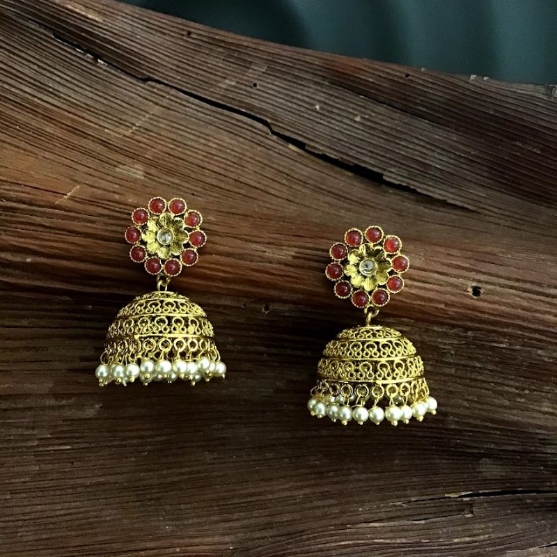 Beautiful Gold Look Jhumki With Ruby Stones And Pearl Latkan