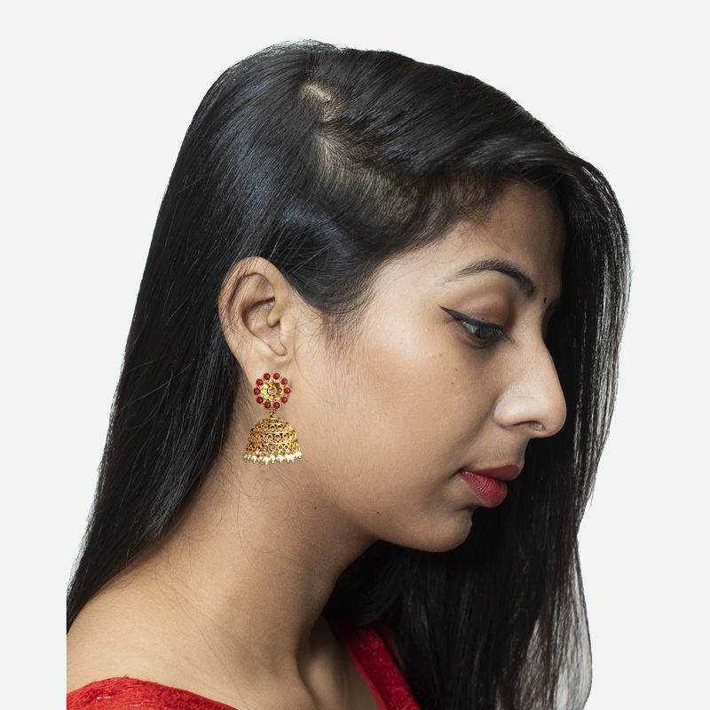Face Look Of Beautiful Gold Look Jhumki With Ruby Stones And Pearl Latkan