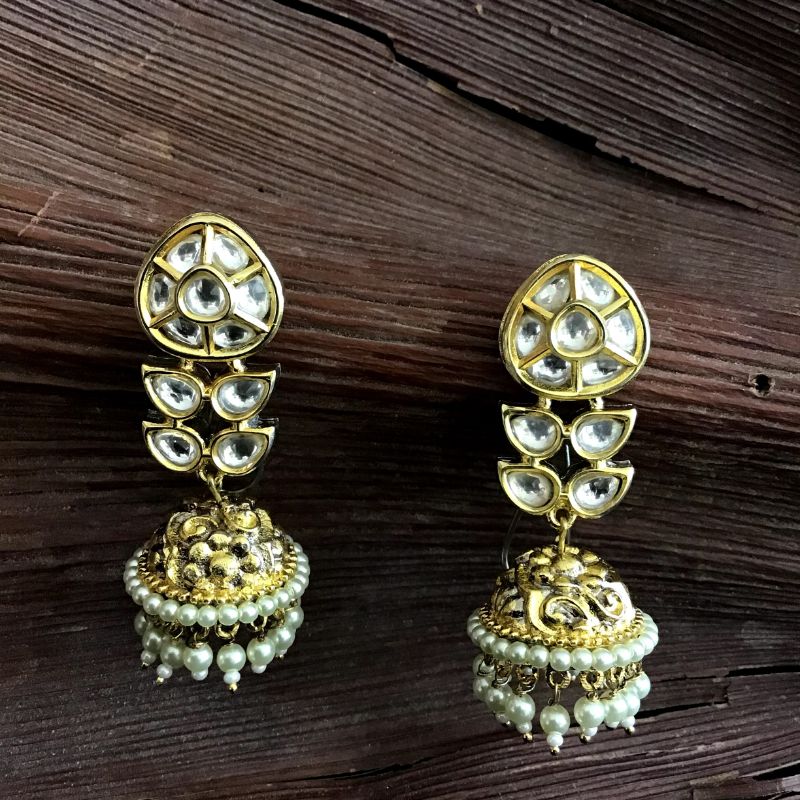 Antique Gold Plated Long Kundan Jhumki 5641 - Dazzles Jewellery