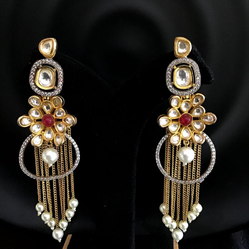 Stylish Kundan Long Earring with Pearl Tassles 5662-9727 - Dazzles Jewellery