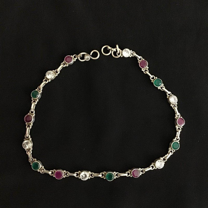 Ruby Green Silver Payal - Dazzles Jewellery
