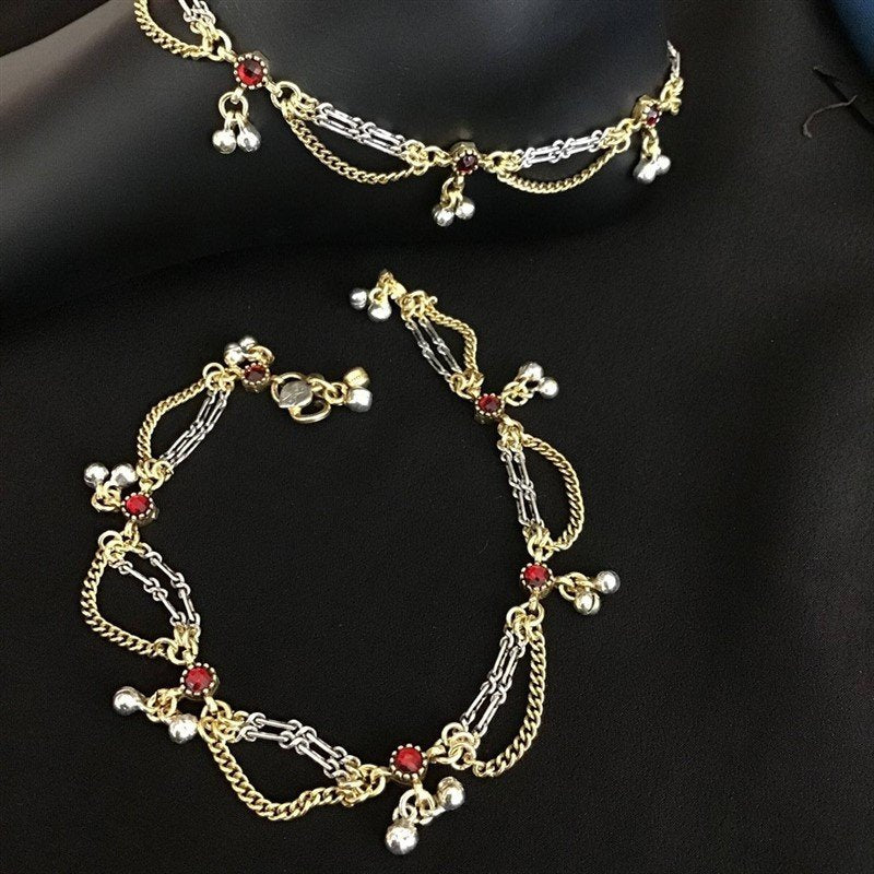 Red Color Two Tone Silver Payal 6077-1143 - Dazzles Jewellery