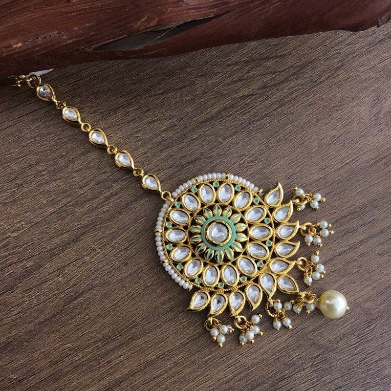 Kundan Maang Tikka With Mint Green Meenakari With Pearl 6478-1699 - Dazzles Jewellery