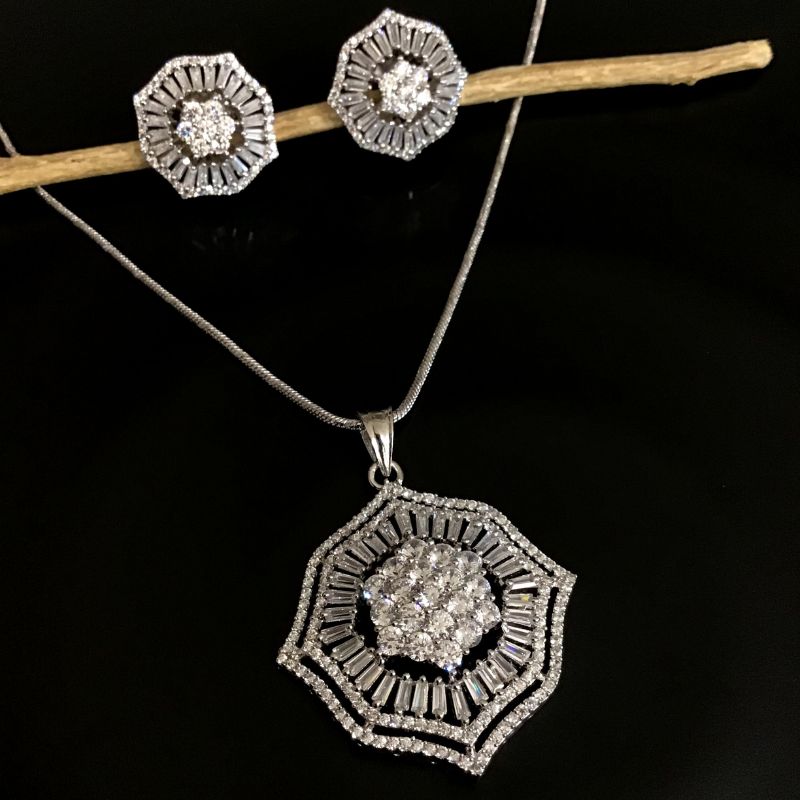 Silver Zircon/AD Pendant Set 6608-1225 - Dazzles Jewellery