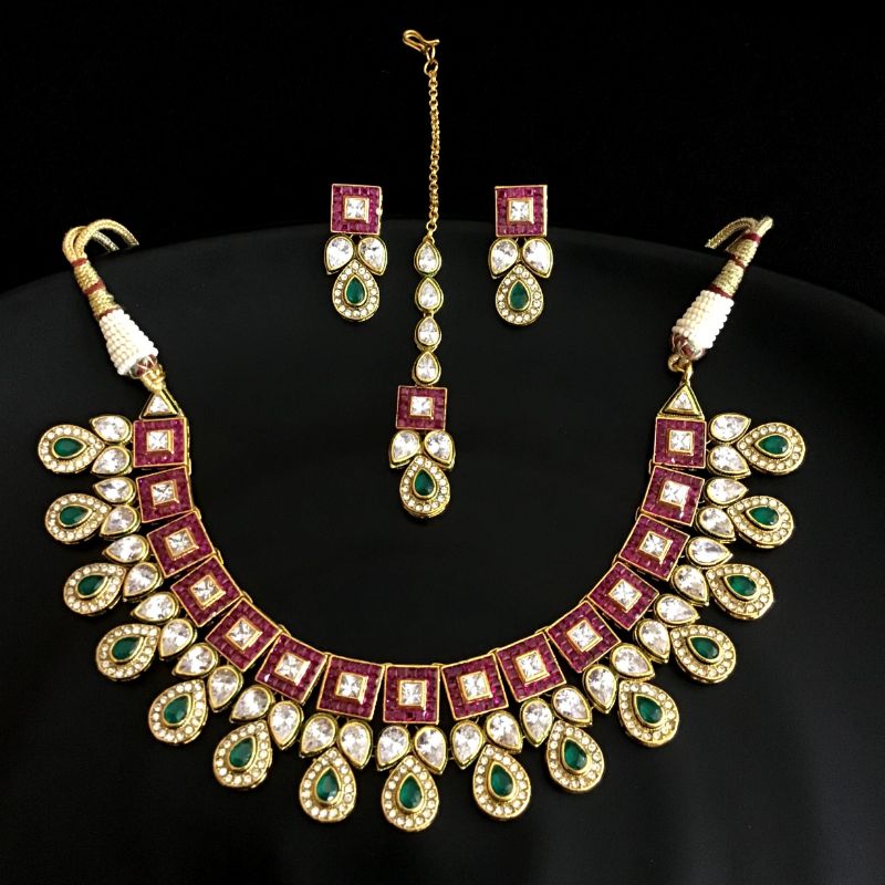 Ruby Green Polki Necklace Set - Dazzles Jewellery