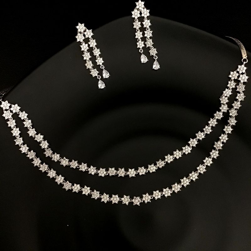 Silver Zircon/AD Necklace Set 7611-1196 - Dazzles Jewellery