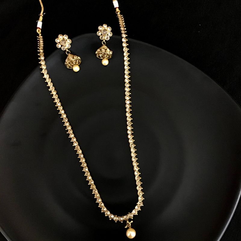 Single Layer Simple Antique Long Necklace Set With Matching Jhumki