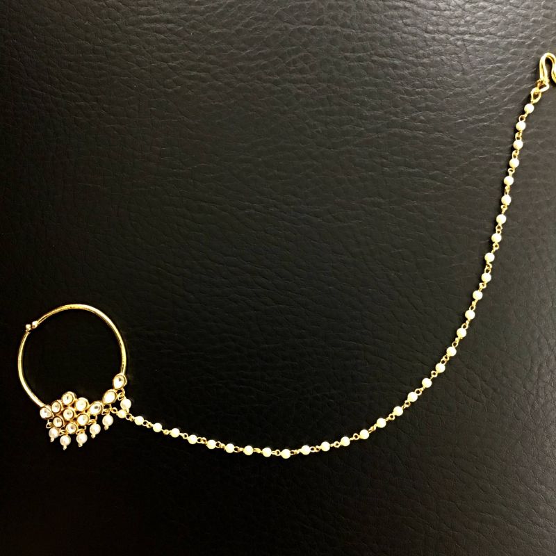 Bridal Kundan Nath With Pearl Chain - Dazzles Jewellery