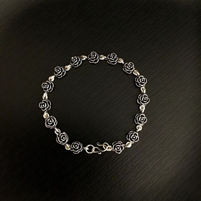 Oxidized Silver Rose Design Anklet 8316 - Dazzles Jewellery