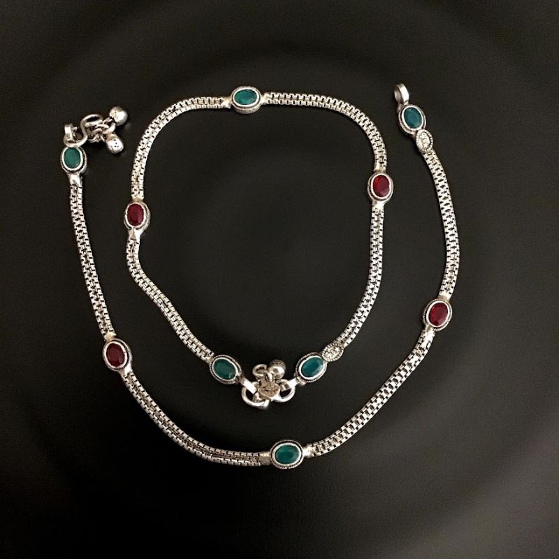 Ruby Green Silver Anklet 8512-2405 - Dazzles Jewellery