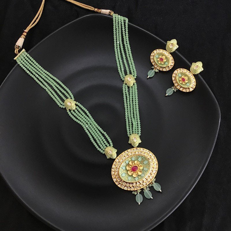 Mint Green Ruby Beads And  Meenakari Kundan Pendant Set 8807-2866 - Dazzles Jewellery