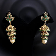 Three Layer Gold Look Jhumki With Green Stones And Pearl Latkan