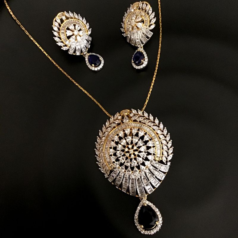 Round Shape Designer American Diamond Pendant Set With Blue Stone