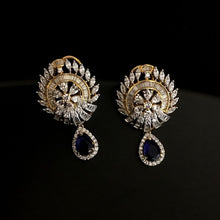 Earrings Of Round Shape Designer American Diamond Pendant Set With Blue Stone