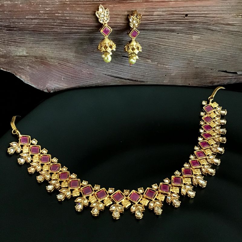 Ruby Gold Look Necklace Set 9473-4314 - Dazzles Jewellery