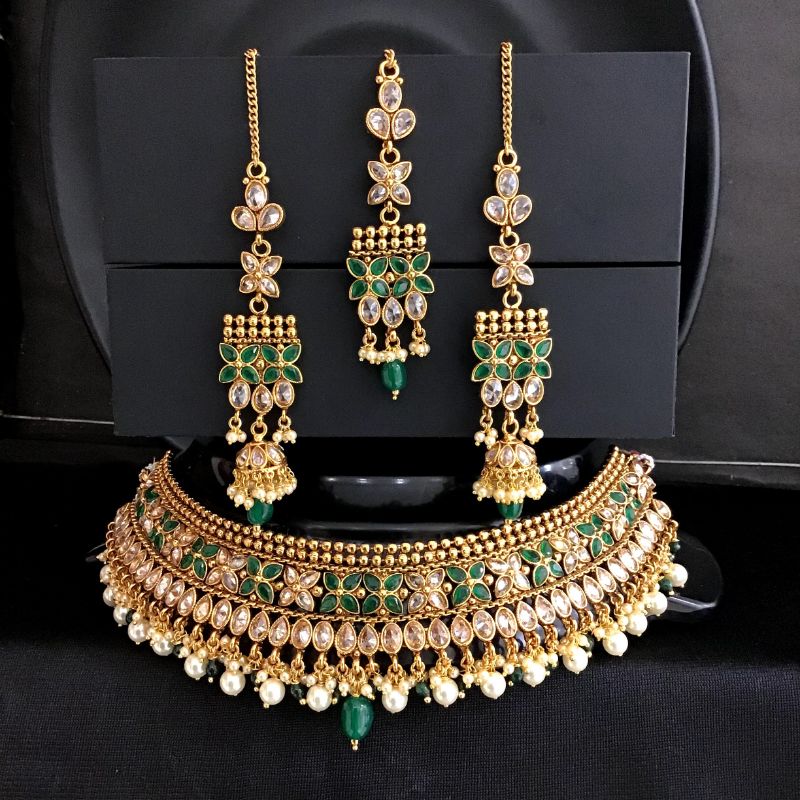 Green Gold Look Necklace Set 9530-4397 - Dazzles Jewellery