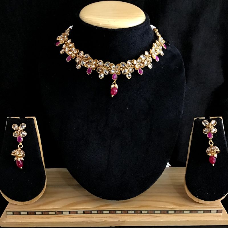 Ruby Gold Look Necklace Set 9696-4733 - Dazzles Jewellery