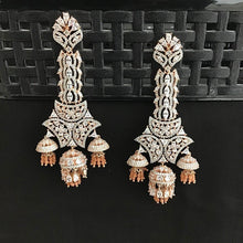 Silver Polish Designer Long American Diamond Earring With Three Small Jhumki - Peach Color